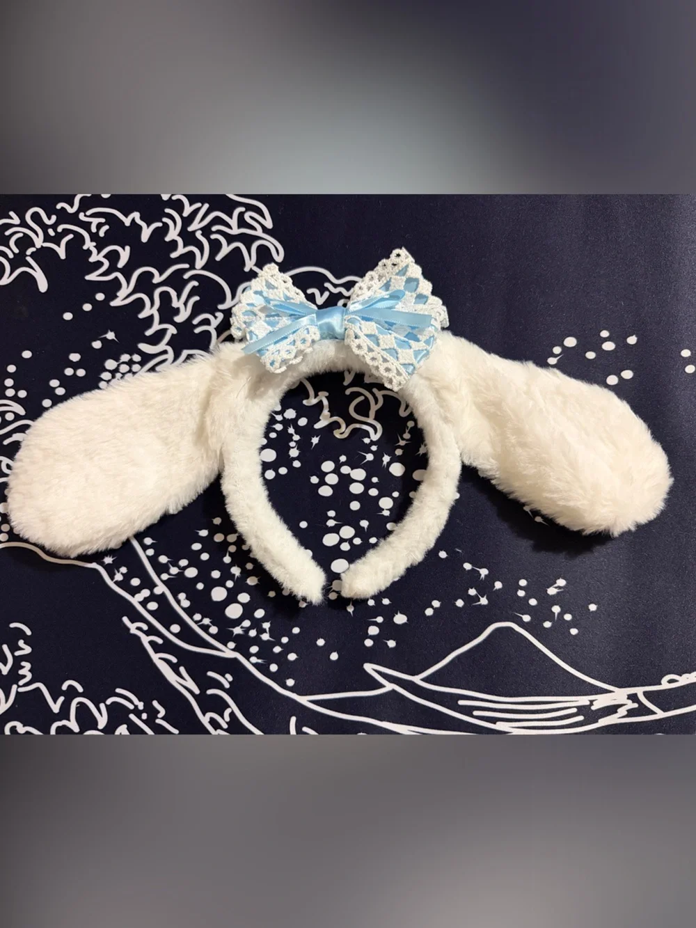 Cinnamoroll White Plush Bunny Ear Headband with Blue Lace Bow